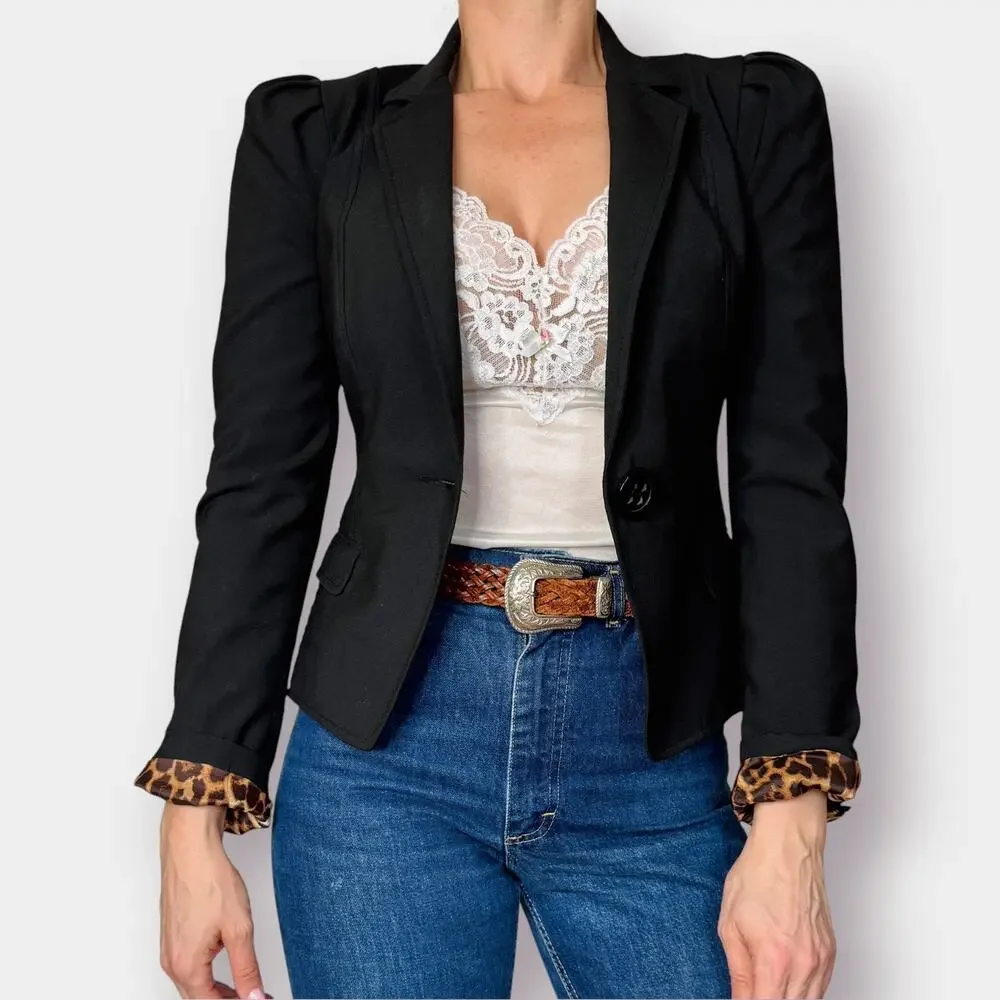 2000s Express Black Blazer with cat print lining Size XS